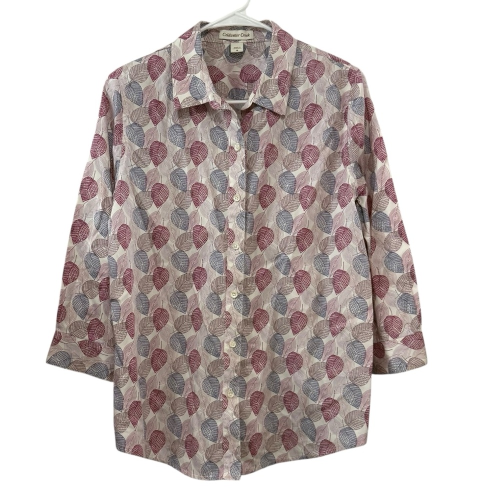 Coldwater Creek Medium Leaf Print Button Front Long Sleeve Cotton Shirt Blouse